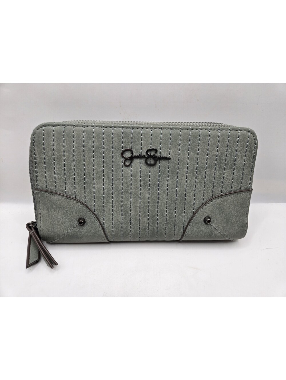 Jessica Simpson Zip Around Wallet Gray Faux Suede Quilted Clutch Accordion...